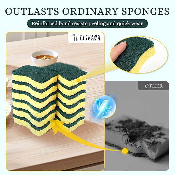 Kitchen Sponges – 12 Pack – Non-Scratch Dual-Sided Cellulose Scrub Sponges for Dishes, Pots, and Pans – Durable, Absorbent, and Reusable (Green/Yellow)