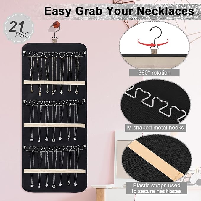Dynoro Double-Sided Hanging Jewelry Organizer, Large Black Storage Roll for Earrings, Necklaces, Rings, 48 Pockets 21 Hooks, Durable Oxford Fabric for Closet, Wall, Door, 1 piece, Jewelry Not Included