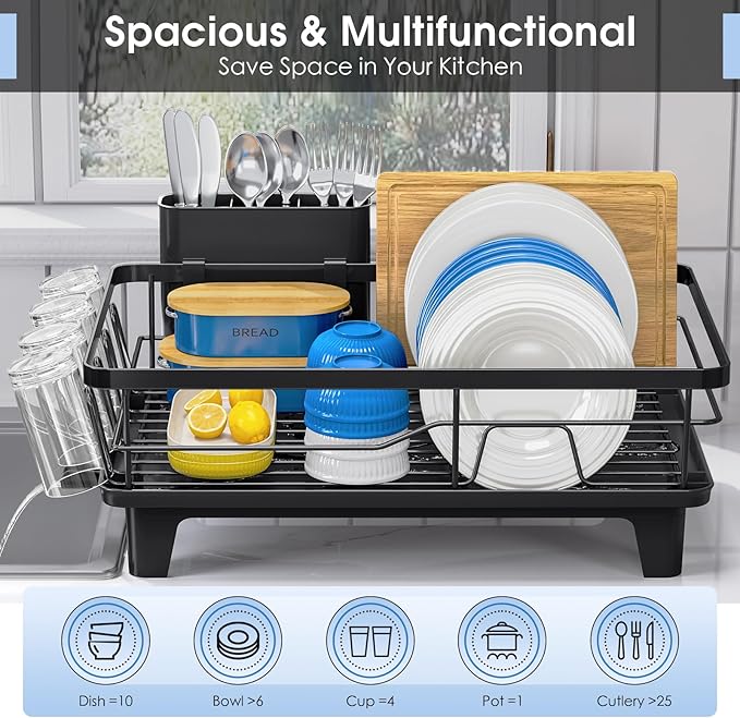 Urackify Compact Dish Drainer for Kitchen Counter - Expandable Large Capacity Drying Rack with Removable Cutlery Holder, Anti-Rust Plate Rack, Non-Slip Feet