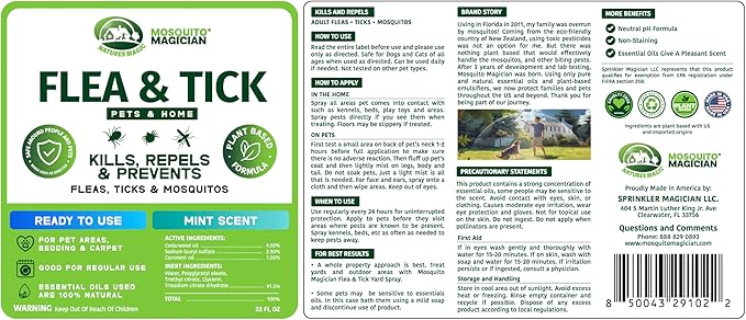 Mosquito Magician Indoor and Outdoor Spray - Use for Carpet, Furniture, Bedding, Couches & Pets – Plant-Sourced with Essential Oil – Mint, 32 OZ