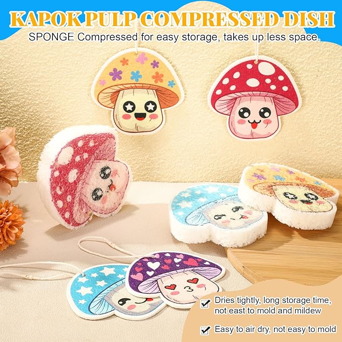 8 Pack Cute Kitchen Sponges Dish Set Compressed Non-Scratch Reusable Kitchen Cleaning Household Sponges for Dishes, Pans, Kitchen, Fruit, Plate, Bathroom(Mushroom)
