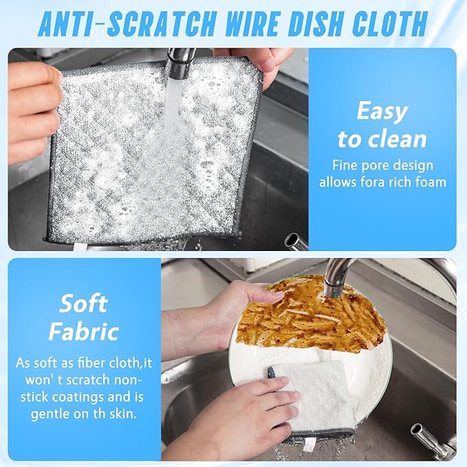 Wangjinpeng 10 PCS Four-Layer Non-Scratch Multipurpose Steel Wire Dishcloths - Reusable Quick-Dry Odor-Free Scrub Cloths for Dishes, Kitchen Cleaning Cloths for Cookware, Sinks, Stove Tops(7.87X7.87)