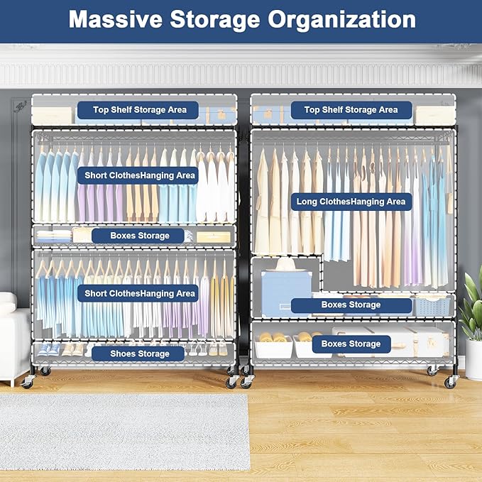 ULIFHOME P8C Max Heavy Duty Clothes Rack（With Extended Width Design） Rolling Clothing Racks for Hanging Clothes with Lockable Wheels，51.2" W x 15.8" D x 80.5" H，Load 700LBS，Black Rack with Grey Cover
