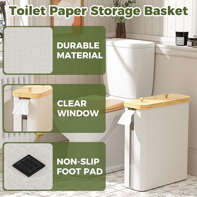 42L Toilet Paper Basket with Bamboo Lid, Toilet Paper Storage with Toilet Paper Holder & Non-Slip Mat for Bathroom Organizer, Holds up to 19 Regular Rolls or 14 Mega Rolls, Collapsible & Stackable