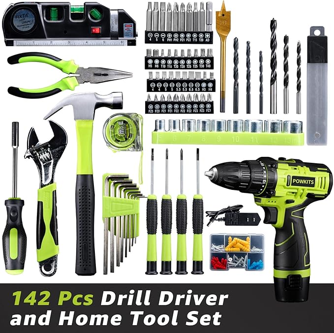 Cordless Drill Tool Set: 12V Power Drill Tool Kit with Battery & Charger, Portable Household Basic Drills Case for Men & Women, Homeowner, Diyer, Handyman, 142 Piece