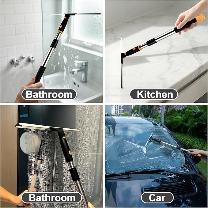 ITTAHO 14" Window Cleaning Tool, All-Purpose Extendable Window Squeegee with 2 Blades and Stainless Steel Pole, Shower Squeegee for Glass Doors,Shower Doors, Windows, Bathroom and Car Windshields