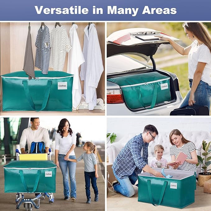 StorageRight Moving Bags-Heavy Duty Moving Boxes, Storage Totes with Zipper, Reinforced Handles and Tag Pocket-Collapsible Moving Supplies for moving, Storage and Travel 93L(Green-4 Pack)
