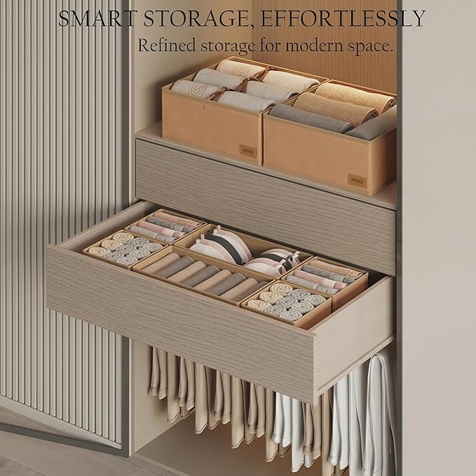 Drawer Organizer Clothes – Set of 6 Foldable Fabric Storage Bins for Dresser & Closet, Strong Structure, Fragrance Sachets Included, Organize Underwear, Socks, Baby Items, Cream