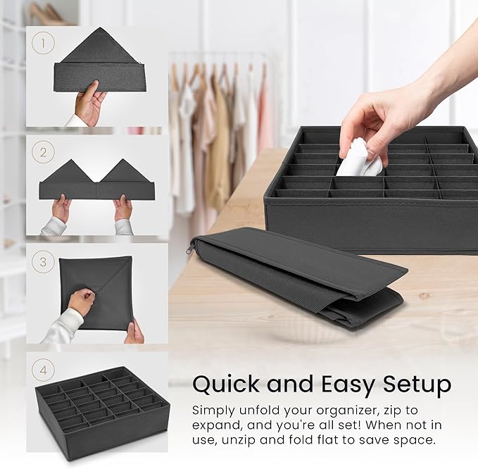 Reli. Sock Organizer (4 Pack) | 16+24 Cell Underwear Organizer | Drawer Dividers for Underwear, Socks, Ties, Belt | Foldable Fabric Storage Bins for Drawer, Closet, Dresser | 11.8 x 11.8 x 3.5 (Gray)