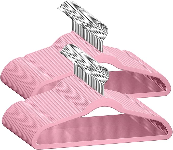 TechZoo 50 Premium Baby Velvet Hangers - 11.8 Inches Non-Slip & Ultra-Slim Baby Hangers for Space-Saving & Children Clothes - 360 Swivel Hook, Strong & Durable Infant & Toddler Clothes Hanger - Pink