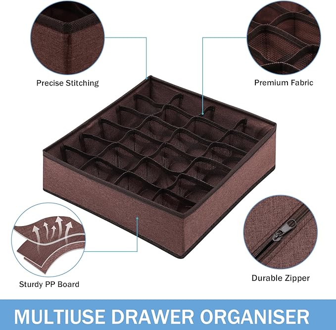 Foldable Storage Cubes Drawer Underwear Organizer Dividers， under Cabinet Organizer 24-Cell Fabric Storage Boxes for Lingerie,Socks,Ties （Coffee）