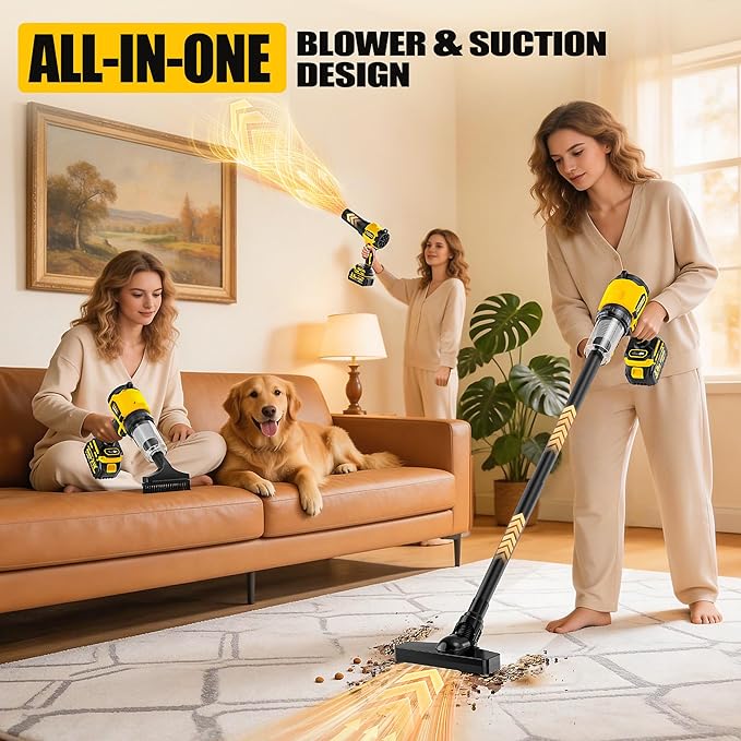 6-in-1 Cordless Vaccum Cleaner, 8000MAH Battery Powered Handheld Car Vacuum with 700W Brushless Motor, 110/240V 50KPA High Power Suction & Blower for Home, Car, Pet Hair, Keyboard