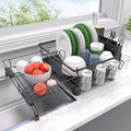Runnatal Dish Drying Rack - Expandable Dish Rack, Large Drying Dish Drainer Over Sink with Drainboard, Utensil Holder & Cup Holder, Stainless Steel Dish Strainer for Kitchen Counter, Black