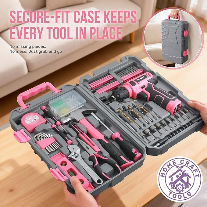 Hi-Spec Pink Tool Set with 8V Drill Set. Complete Cordless & Rechargeable USB Electric Drill Driver Kit for Women, Home DIY Repair & Maintenance, in a Compact Toolbox.