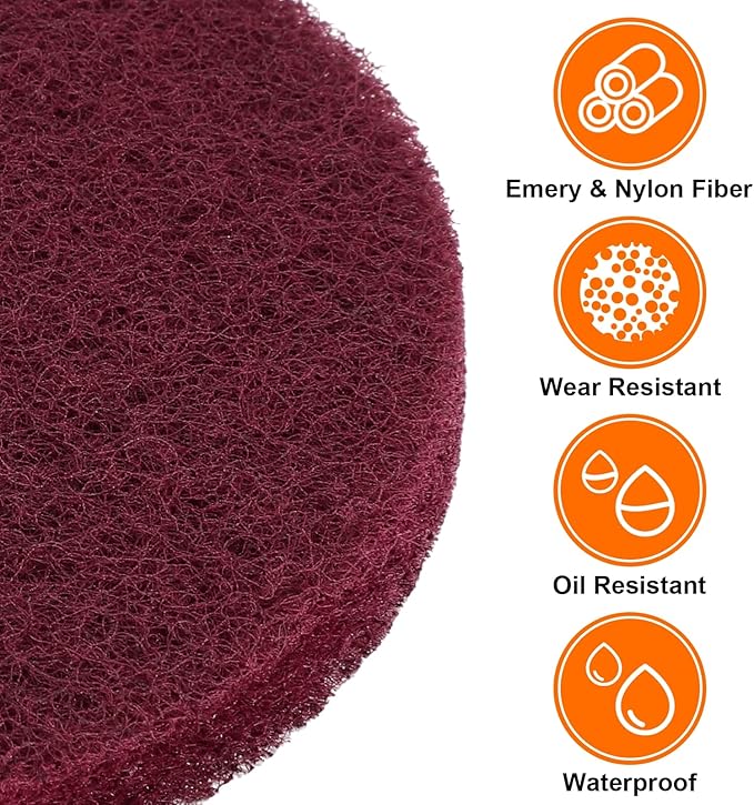 HARFINGTON 12pcs Scrubber Scouring Pads 400 Grits 2 Inch Drill Power Brush Hoop and Loop Surface Conditioning Disc Drill Scuffing Disc Scrub Pads for Home Kitchen Cleaning, Red