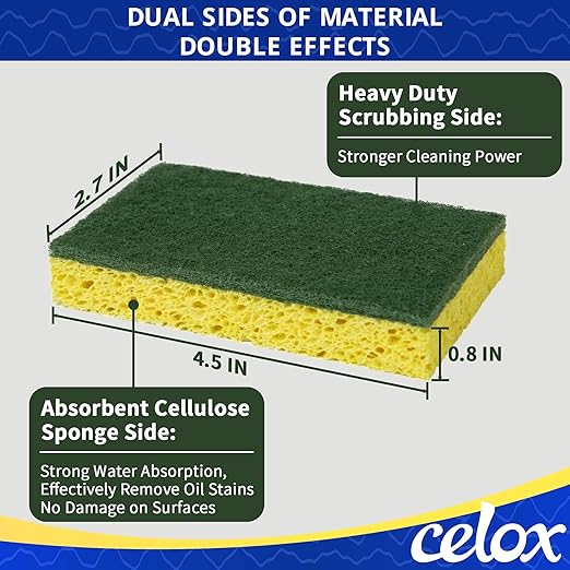 CELOX Sponges Kitchen Sponges for Dishes and Cleaning, 2-Sided Scrub Sponges Dish Sponge and Kitchen Sponge for Washing Dishes, Heavy Duty, Non-Scratch, Sinks, Household Use, Green and Yellow, 12-Pack