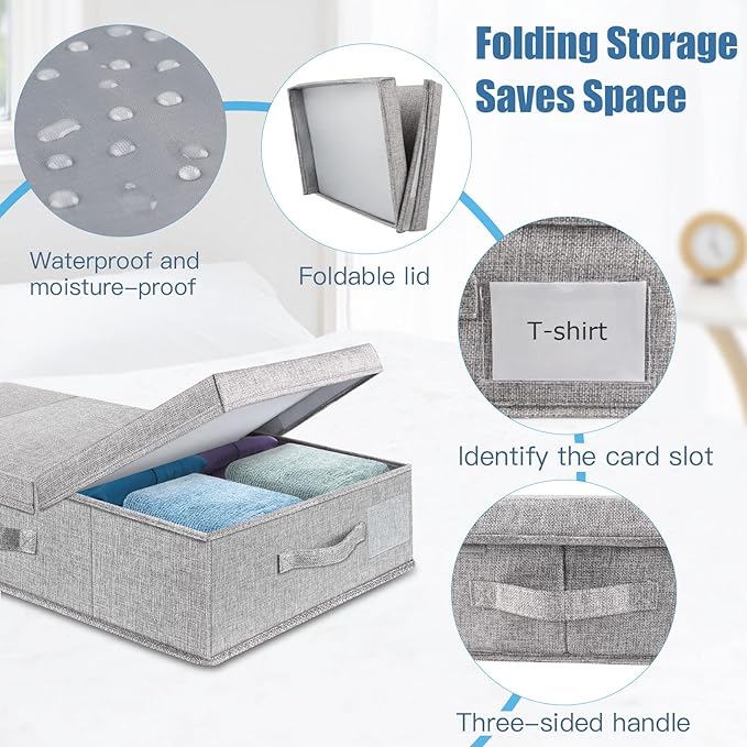 Supowin Underbed Storage Containers Bin with Lids, Large Under Bed Storage Organizer Box with Handle, Foldable Under the Storage Bags for Organizing Clothes, Shoes, Blankets, Pillows