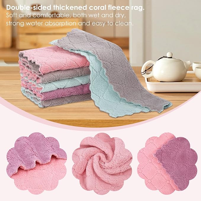 Rachan 11Pack Kitchen Dish Cloths, Reusable Dish Towels, Nonstick Oil Washable Fast Drying, Super Absorbent Coral Velvet Cleaning Cloths for Cleaning Tableware, Kitchen, Bathroom (Pink-purple10 x 6")