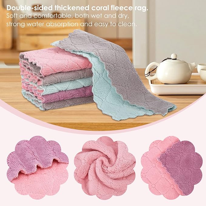Rachan 11Pack Kitchen Dish Cloths, Reusable Dish Towels, Nonstick Oil Washable Fast Drying, Super Absorbent Coral Velvet Cleaning Cloths for Cleaning Tableware, Kitchen, Bathroom (Pink-green10 x 6")