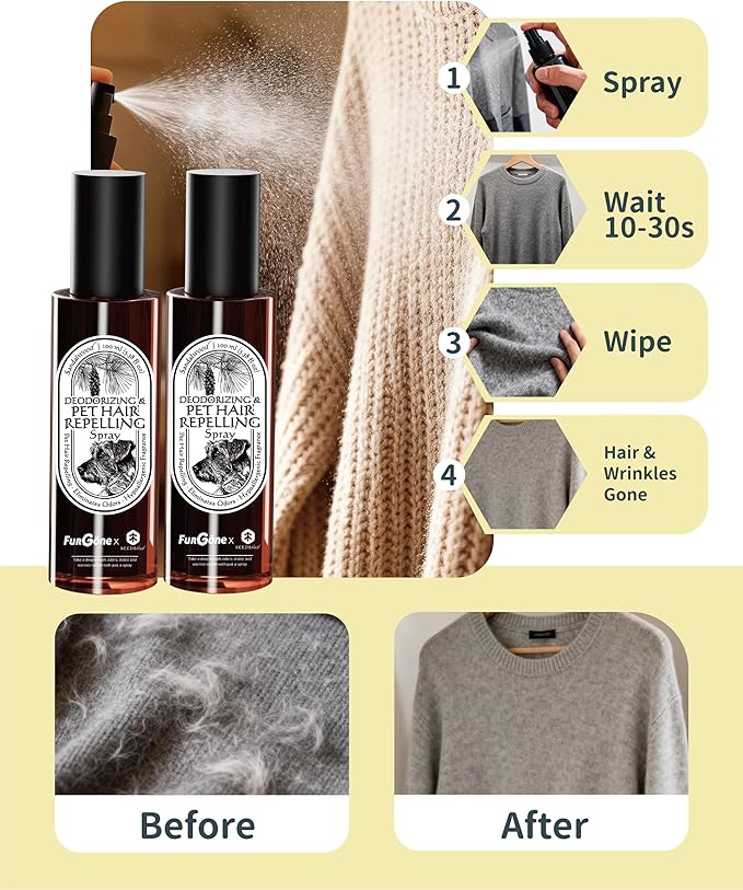 FurGone by Seedshub Pet Hair Repelling Spray, Odor Neutralizer | Anti-Static Wrinkle Release Pet-Friendly Sprays for Clothing and More, Pine Nut Scent, Up to 1400 Sprays, 3.38oz (2 Travel Pack)
