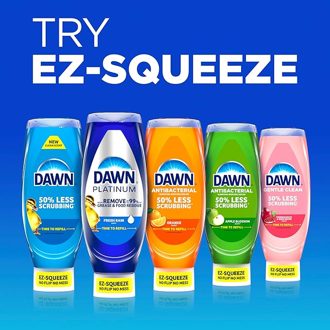 Dawn Platinum EZ-Squeeze Dish Soap Liquid, Dishwashing Liquid, Grease Removal, Upside Down Bottle, Bleach Alternative Clean Lemon, 18 Fl Oz Bundle,(Pack of 12)