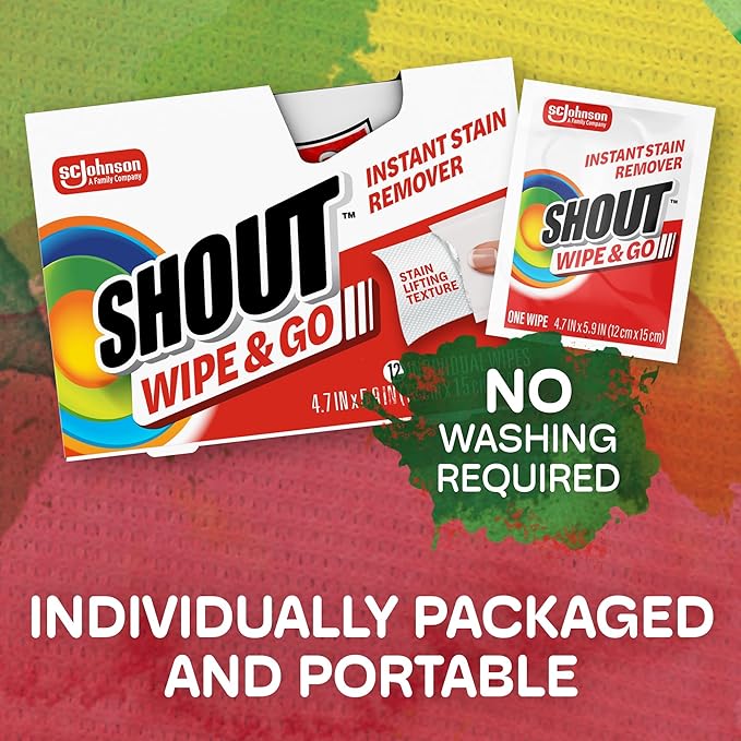 Shout Wipe & Go Instant Stain Remover Wipes, No Wash Required, Safe on Colorfast Washables, Travel & Baby Diaper Bag Essentials, Removes Grass, Coffee, Makeup & More, 12 Wipes (Pack of 6)