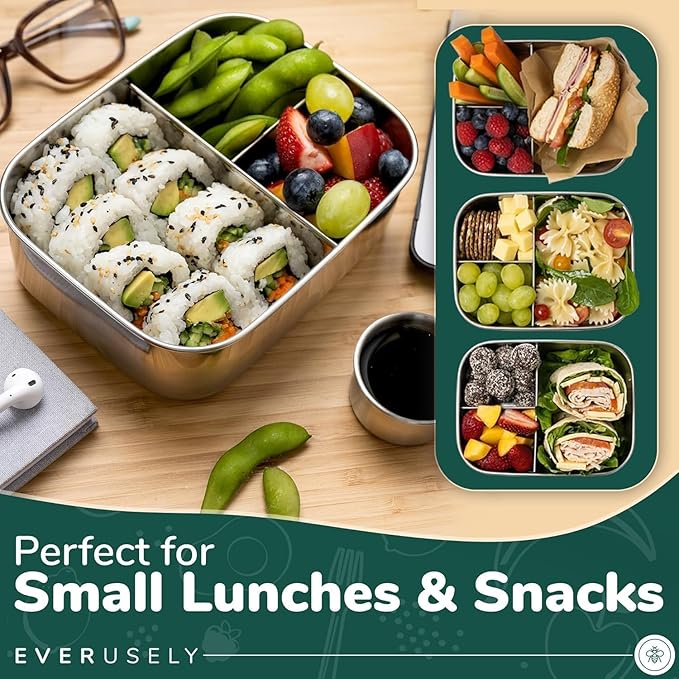 Everusely - Bento Box - Green, 27oz / 0.8 L - Stainless Steel Lunch Box with Leakproof Condiment Container - 3 Compartment Snack Organizer for On the Go Meals - Freezer & Dishwasher Safe