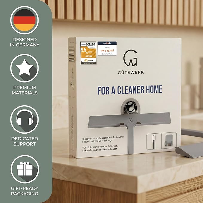GÜTEWERK Silicone Shower Squeegee for Glass Doors & Mirrors with Stainless Steel Core, Streak-Free & No-Squeak Window Cleaning, 3-in-1 No-Drill Mount (Hook/Suction/Adhesive),Gray, 11 Inches