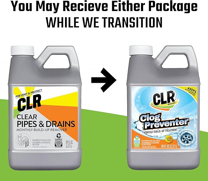 CLR Brands® Clog Preventer Clear Pipes and Drains Monthly Drain Build Up Remover, Helps Degrade Sources of Clogs to Keep Drains Flowing Smoothly, Safe on All Pipes and Drains - 80 Ounce Bottle