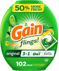 Gain Flings Laundry Detergent Pacs, 102 Count, Original Scent, with Odor Defense, concentrated laundry soap pacs
