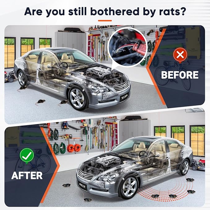 Ultrasonic Rodent Repellent for Car Engine, 2 Pack Mouse Repellent – Battery Powered Under Hood Mouse Repeller with Upgraded Flashing Strobe Light, Keep Mice Out of Car, RV, Garage, Room