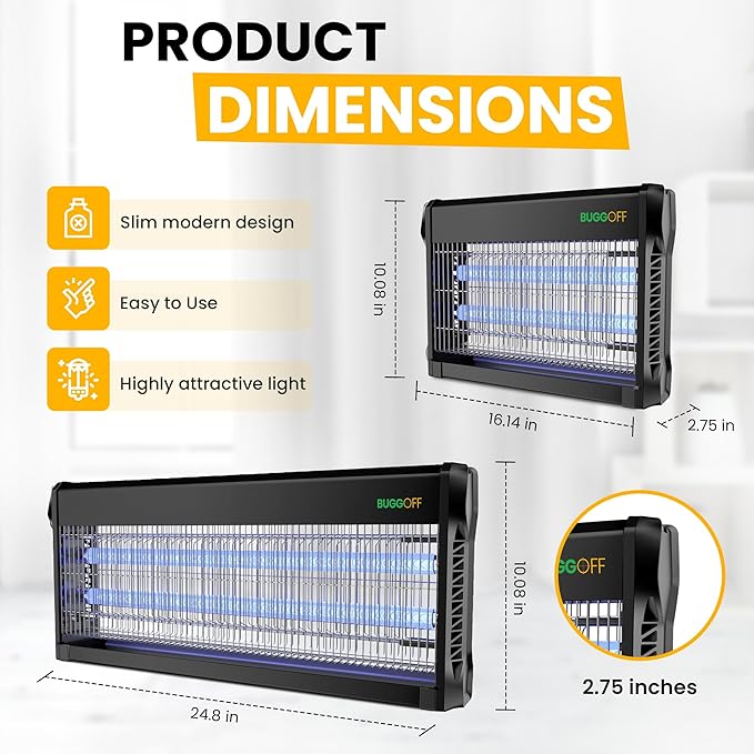 BUGGOFF Black Modern Indoor Electric Bug Zapper, 2000 SQFT Coverage, 3500 Volts of Stunning Power, 40 Watts, Kills Mosquitos Gnats, Flys & More. 10 Year Warranty, X2 Free Replacment Bulbs