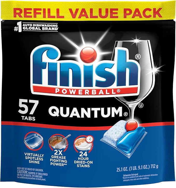 Finish Quantum Dishwasher Pods, No Pre-Rinse Dishwasher Detergent Soap Removes 24HR Dried-On Stain and Grease, Leaving a Virtually Spotless Shine, 57 Count