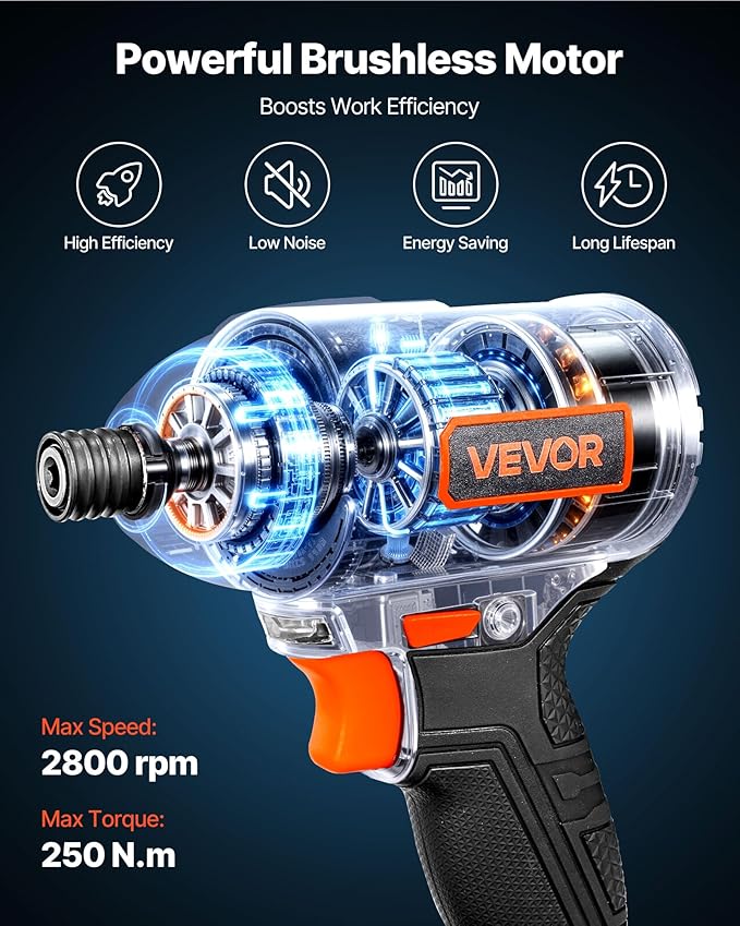 VEVOR Impact Driver, 1/4 Inch, 2800 RPM Max Speed, 20 V Brushless Motor, Electric Cordless Impact Driver Kit with Battery and Charger, 20 Bits, LED Work Light, for Furniture, Electrical, Home Repairs