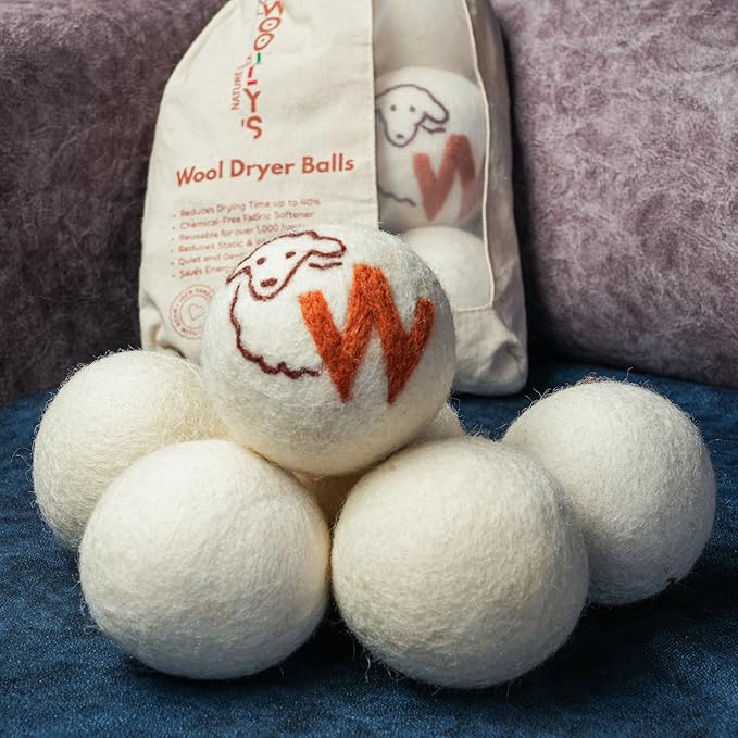 Woolly's Wool Dryer Balls – 100% Pure New Zealand Wool, Reusable Natural Fabric Softener, Reduces Drying Time & Clothes Wrinkles, Chemical-Free Dryer Balls (Pack of 6)