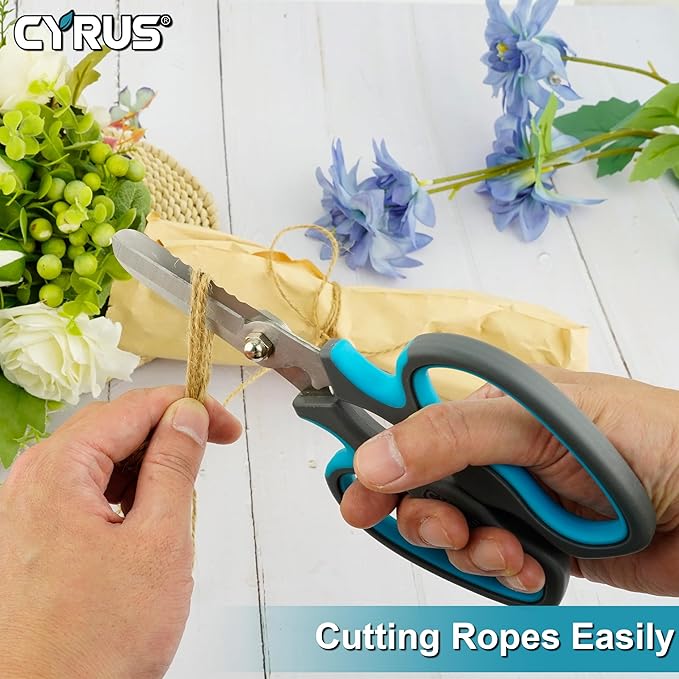 CYRUS Serrated Pruners Flower Scissors Floral Shears for Cutting Flowers,Garden Shears with Integrated Stab Remover,Florist Cutters Rose Snips,Blue