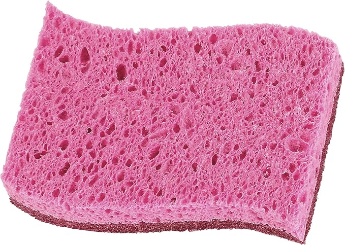 Non-Scratch Cellulose Sponge Kitchen Scrub Sponge with Scouring Pad Set, Good for Non-Stick Cookware Frying Pan, Pot, Counter Top, Sink Scrubbing, Kitchen Scrubbers, Pack of 2, (Red/Pink)