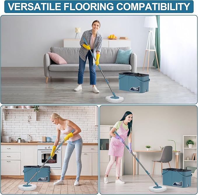 Spin Mop for Large Homes & Big Floor Cleaning, Clean & Dirty Water Separation Mop Bucket for Family & Pet Homes,4-Chamber System, Glide Wheels, Safe for Hardwood & Tile, Adjustable Handle, 6 Mop Heads