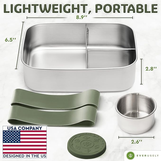 Everusely - Bento Box - Sage, 60oz / 1.8 L - Extra Large Stainless Steel Lunch Box + Leakproof Condiment Container - 3 Compartment Snack Organizer for On the Go Meals - Freezer & Dishwasher Safe