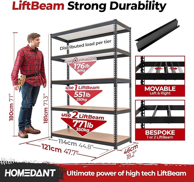 HOMEDANT 47.7" W 5 Tier Heavy Duty Garage Shelving Adjustable Metal Rack Storage Shelves Standing Shelf Unit Organizers Industrial Warehouse Basement Black 2Pack