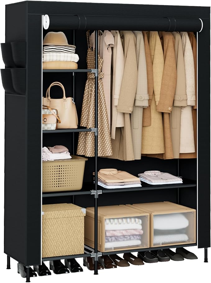 CASAMAYA Portable Closet, 48 Inch Large Capacity Wardrobe Closet, Clothes Storage Organizer with Shelves and Hanging Rod, Easy to Assembly, Black PCT221B01