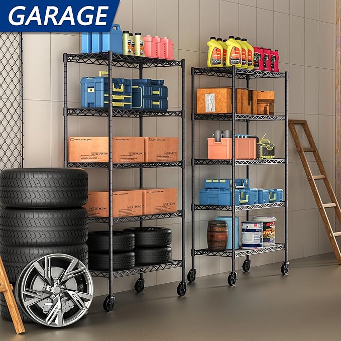 Soywey 5-Shelf Adjustable Heavy Duty Storage Shelving Unit on 4 Wheel Casters, Metal Organizer Wire Rack for Laundry Bathroom Kitchen Pantry Closet, Black