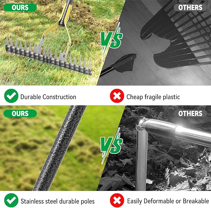 Thatch Rake,57 inch Thatching Rake for Lawn Stainless Steel Metal Dethatcher Rakes with Sheath,Heavy Duty Weed Rakes for Cleaning Dead Grass,Yard,Garden,Leaves,Loosening Soil