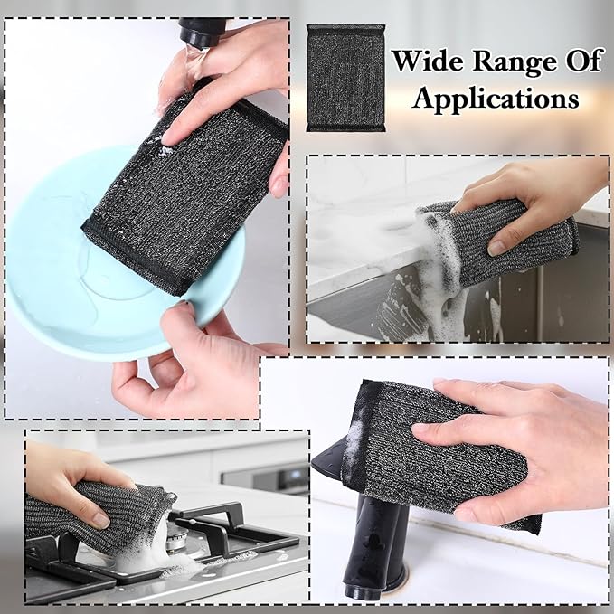 6 Pack Steel Wool Scrubber Sponges, Heavy Duty Stainless Steel Scouring Pads Reusable Non Scratch Metal Sponges Hand-Friendly Kitchen Cleaning Tool for Pots and Pans Tough Grease & Grime (Black)