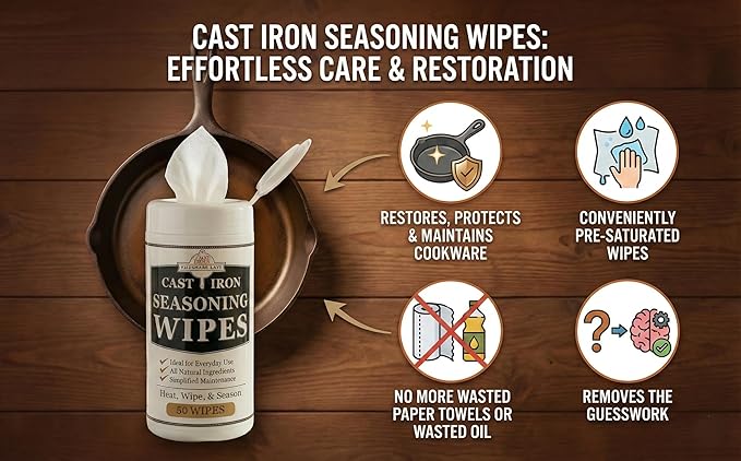 Cookware Care Cast Iron Seasoning Oil Wipes, 50 Wipes, Made in USA with Grapeseed Oil for Cast Iron Skillet, Blackstone Griddle (1 pack)
