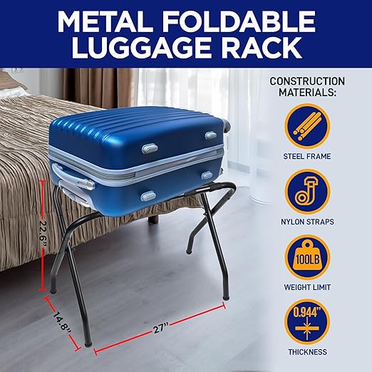 Lifemaster Metal Luggage Rack - Pack of 2 Foldable, Easy Assembly, Space Saving, and Stylish Steel Frame Guest Suitcase Stands with Nylon Straps - Black