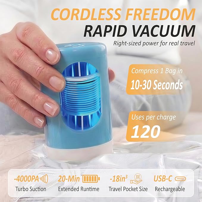 Cozy Essential Travel Vacuum Storage Bags with Rechargeable Cordless USB Pump, Space Saver Bags for Luggage, Suitcase, Carry-On, for Clothes, Blankets, Bedding & Seasonal Storage,22 Combo