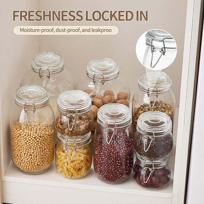 1 Gallon Glass Food Storage Jars with Airtight Lids, Set of 2 – Clear Preserving Seal Wire Clip Fastening Canisters for Kitchen Canning, Flour, Cereal, Pasta, Sugar, Beans, Pickling Jars (1gallon*2)
