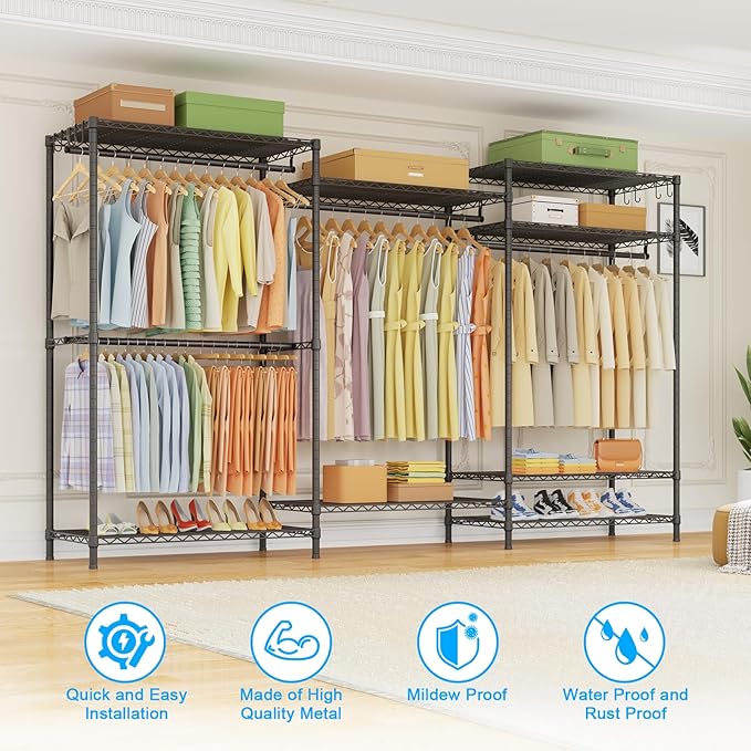 Ulif E13 Max Heavy Duty Clothes Rack（With 4 Hanger Rods & 8 Shelves） Freestanding Clothing Racks for Hanging Clothes，Adjustable Closet，Metal Garment Rack 86" W x16 D x77 H，Max Load 1100LBS，Black