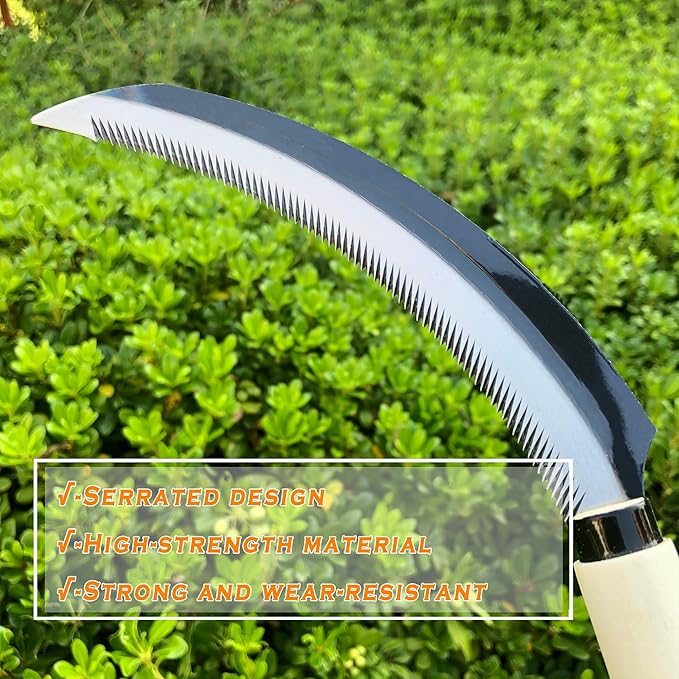 SHANFEEK Grass Sickle with Sawtooth Japanese Weeding Hoe Garden Hand Tool Weeding Tools for Garden High-Strength Steel with Solid Wood Handle (White)